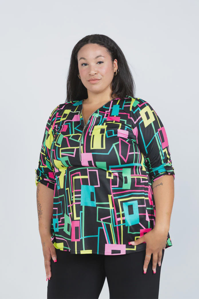 Neon Geo 3/4 Sleeve Split Back Top