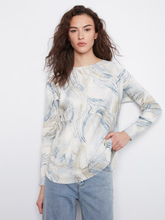 Long Sleeve Drop Shoulder Printed Boat Neck Sweater with Pocket