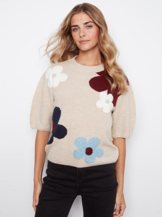 Elbow Sleeve Balloon Shape Jacquard Sweater