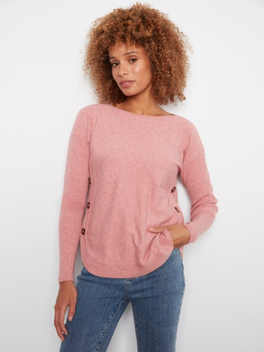 Long Sleeve Drop Shoulder Boat Neck Sweater with Side Button