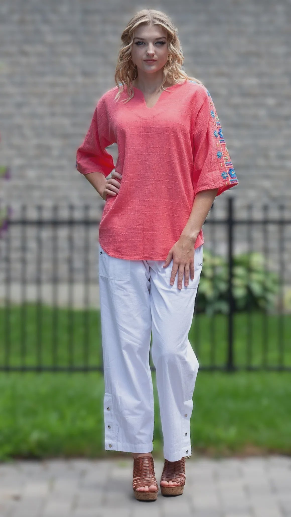 Embroidered Coral Denver Top