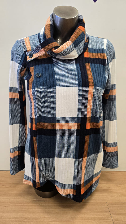 Teal Plaid Cowlneck Top