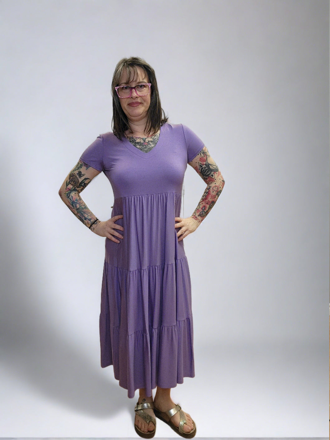 Lilac Bamboo Tiered Short Sleeve Dress by Pure Essence