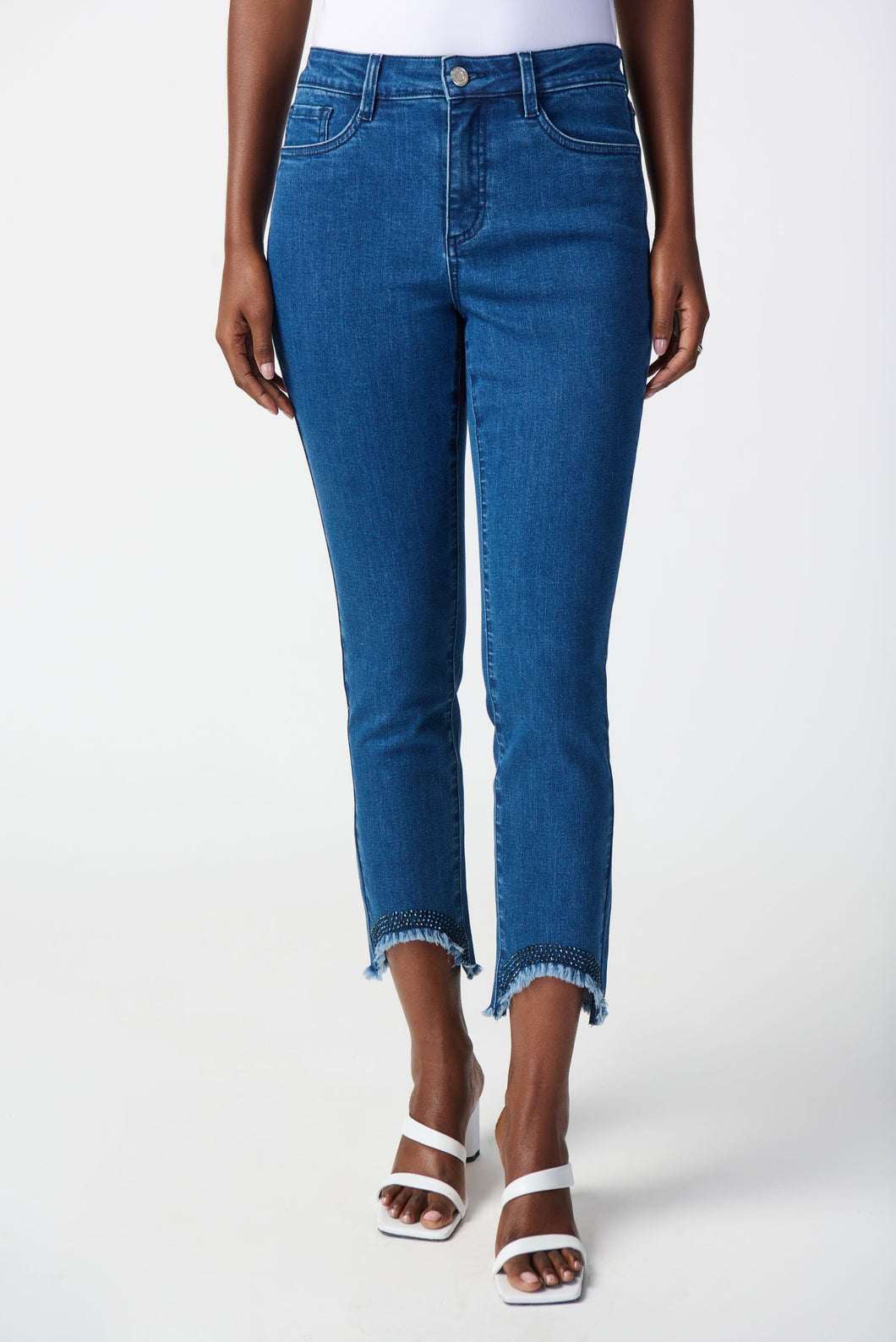 Slim Crop Jeans with Embellished Hem by Joseph Ribkoff (available in plus sizes)