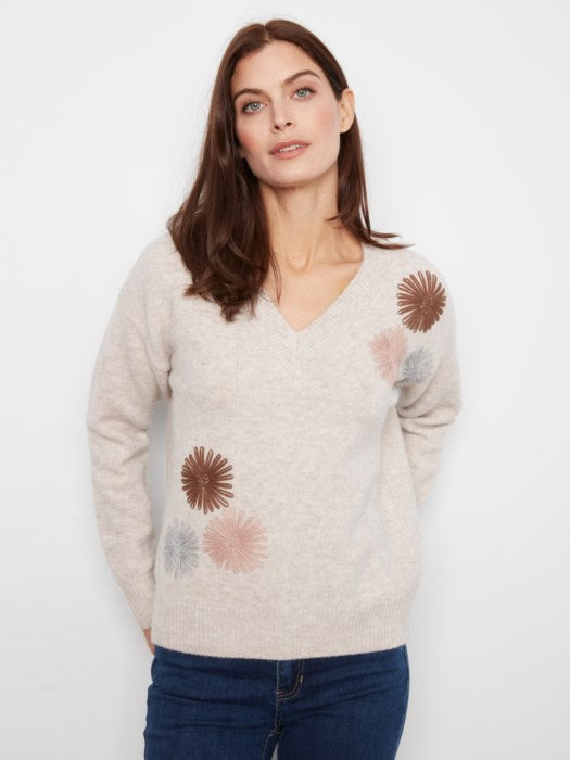 Long Sleeve V-Neck Sweater Oversized Sweater with Embroidery