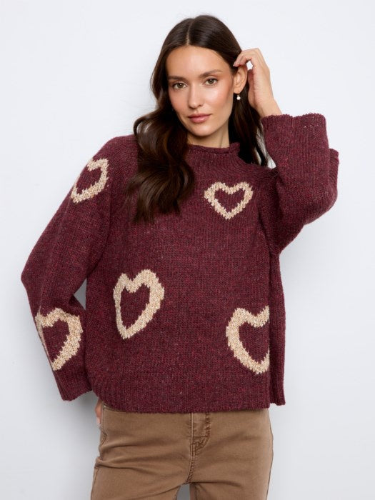 High Neck Knit Sweater With Heart Placement