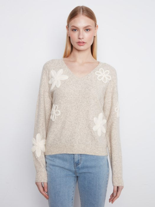 Long Sleeve Drop Shoulder V Neck w/Flower Applique Sweater