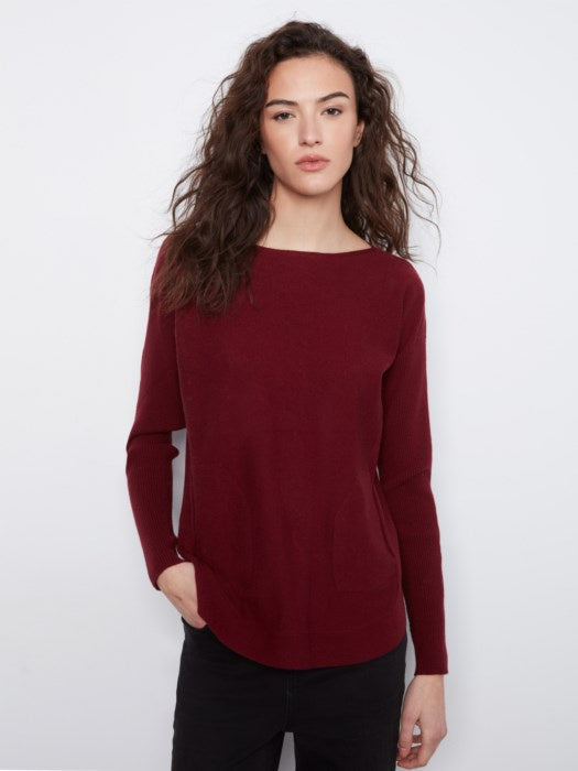 Long Sleeve Boat Neck Sweater with pockets and eyelet detail