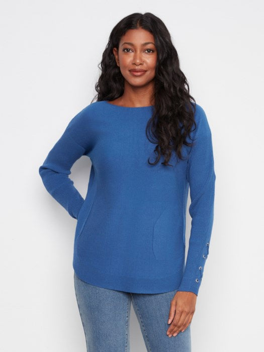 Long Sleeve Rounded Hem Boat Neck Sweater with Front Pockets