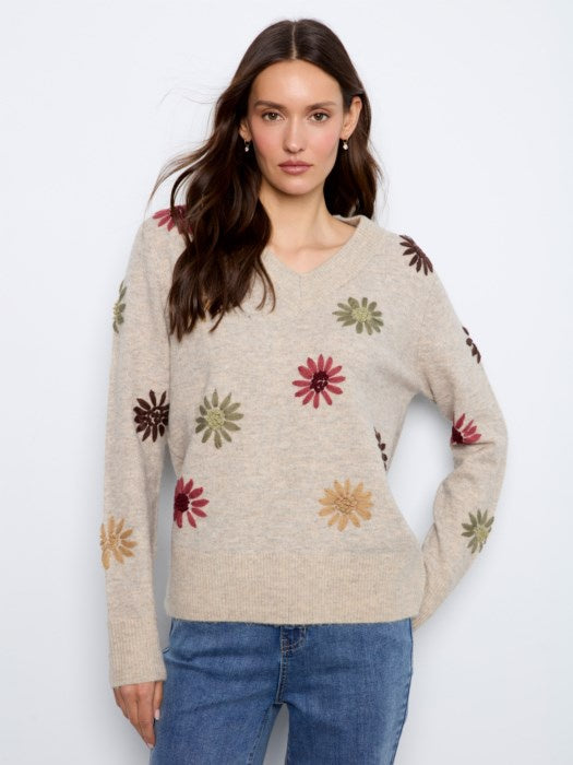 Embroidered V-Neck Sweater With Wide Rib Cuff and Hem