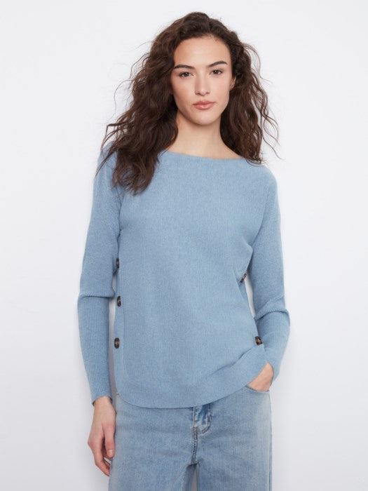 Long Sleeve Drop Shoulder Boat Neck Sweater with Side Button Storm