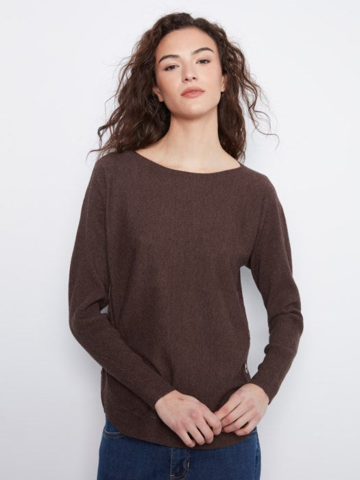 Long Sleeve Drop Shoulder Boat Neck Sweater with Side Button Coffee