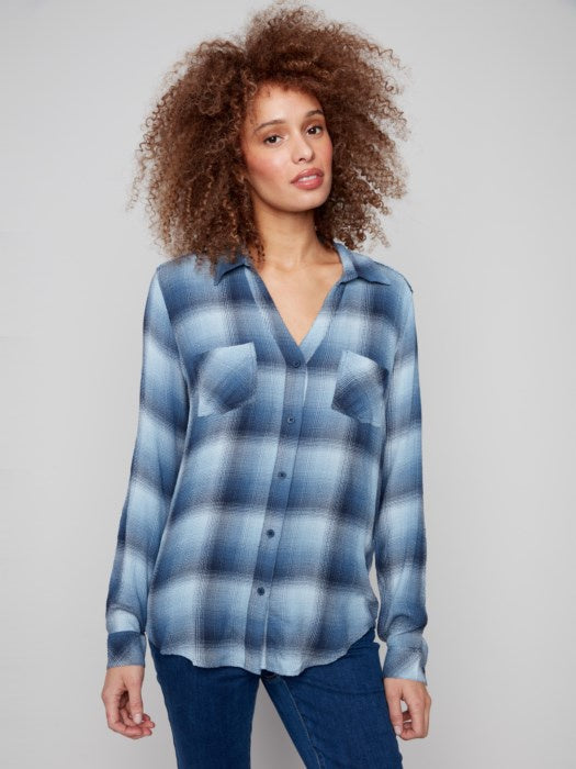Plaid Button-Front Blouse