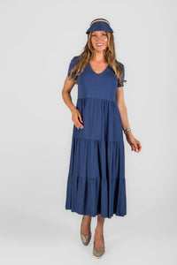 Blue Bamboo Tiered Short Sleeve Dress by Pure Essence