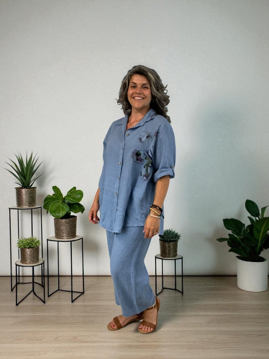 Blue Flower Applique Shirt