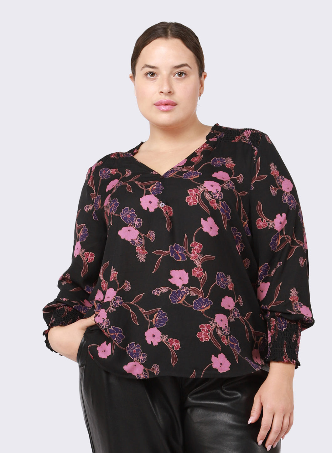 V-NECK TOP W SMOCKED SHOULDER TOP by Dex (available in plus sizes)