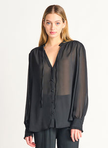 RUFFLE DETAIL TIE-FRONT PEASANT BLOUSE by Dex (available in plus sizes)