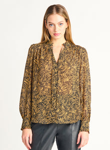 PATTERNED RUFFLE DETAIL TIE-FRONT PEASANT BLOUSE by Dex (available in plus sizes)
