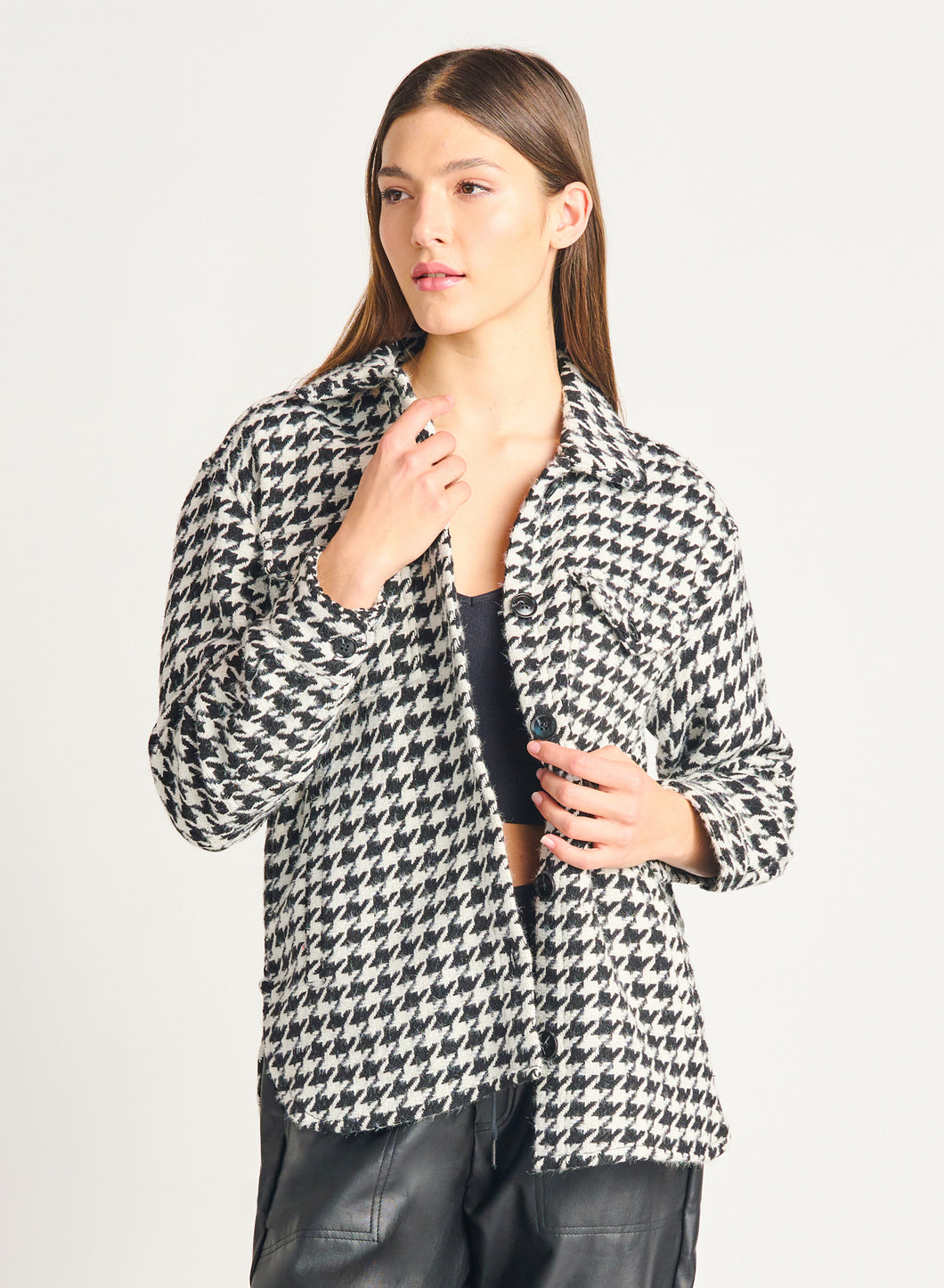 Button Front Houndstooth Shacket by Dex (available in plus sizes)